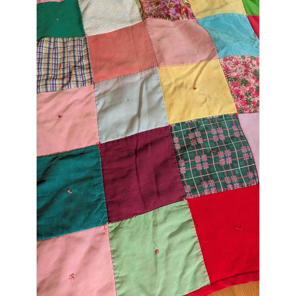Vintage Handmade Patchwork Quilt Multi Color Block Repurpose Cutter 84x58 Cotton